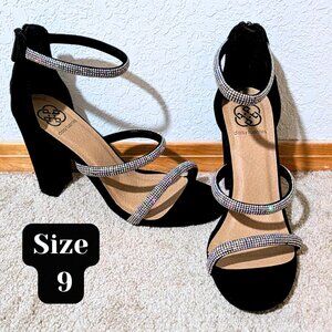 Black Rhinestones Glam Y2K Heels Prom Size 9 Daisy Fuentes 4” Block Heel